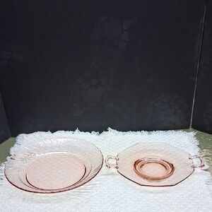 Vintage pink depression glass dinner plate and handles tray